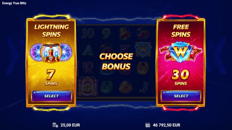 Energy True Blitz - izbira možnosti Lightning Spins